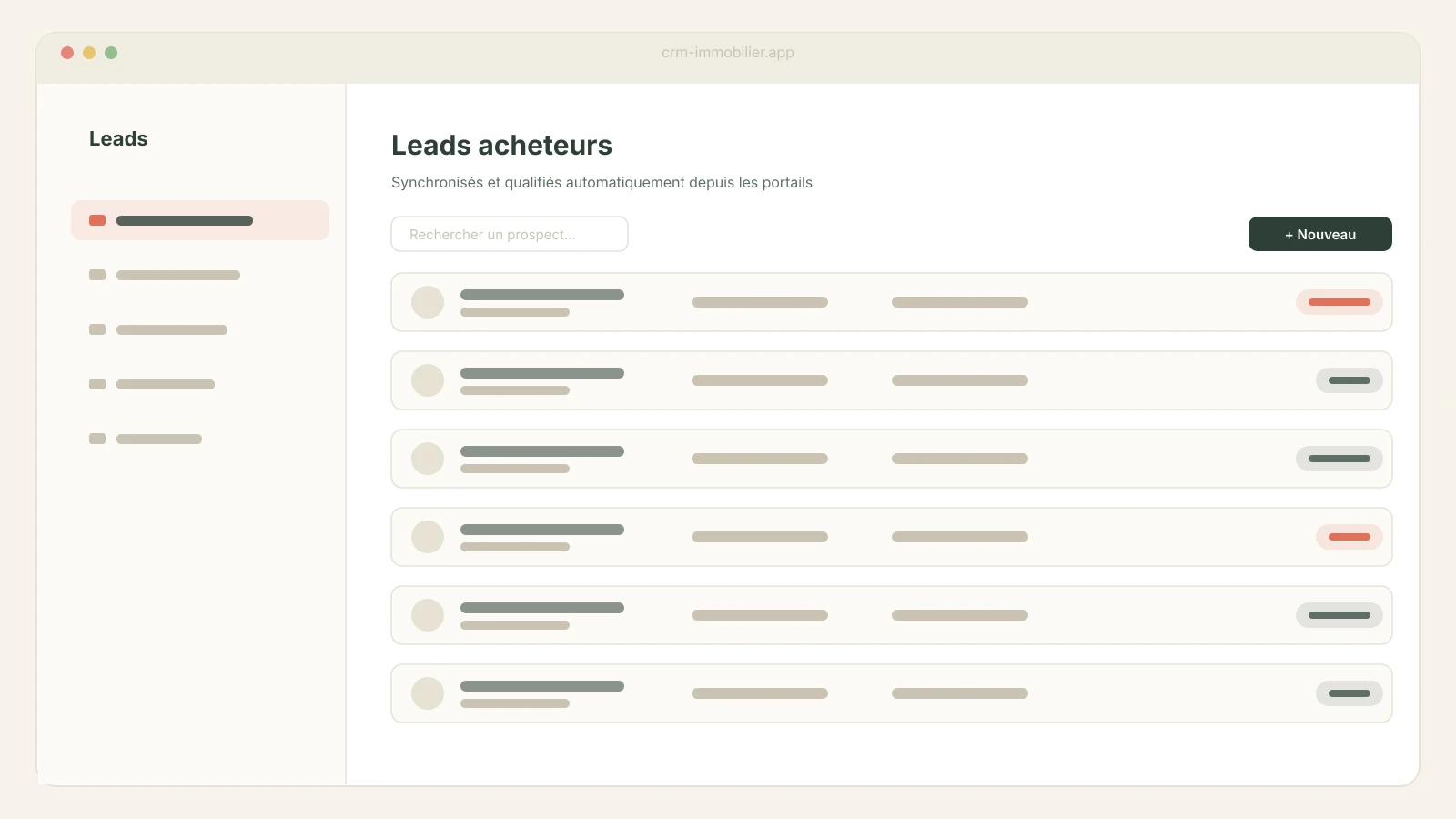 Tableau de bord du CRM : liste des leads acheteurs synchronisés et qualifiés.
