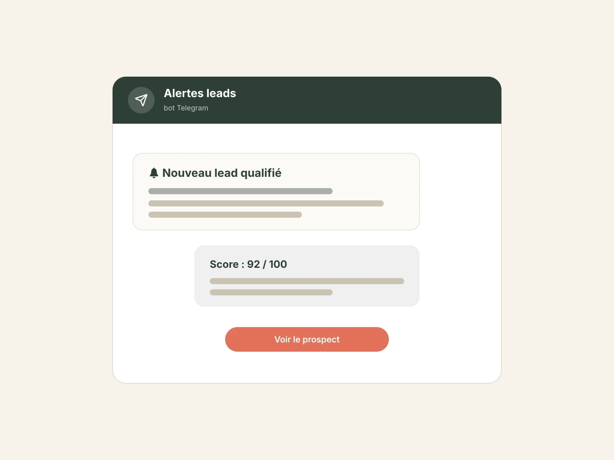 Notification Telegram : alerte en temps réel sur un nouveau lead qualifié.