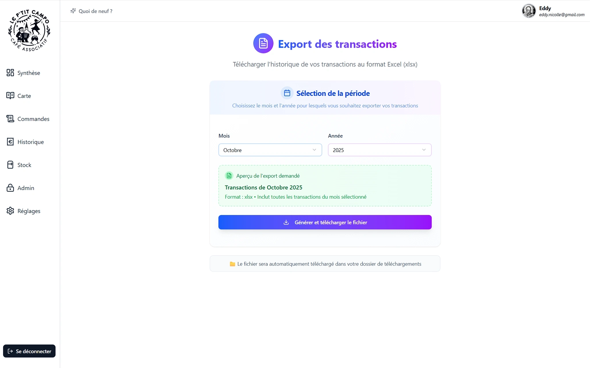 Données — export des transactions au format Excel
