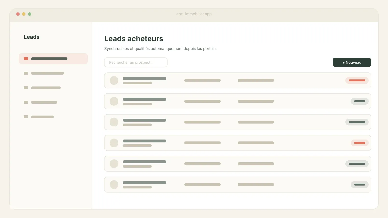 Tableau de bord du CRM : liste des leads acheteurs synchronisés et qualifiés.