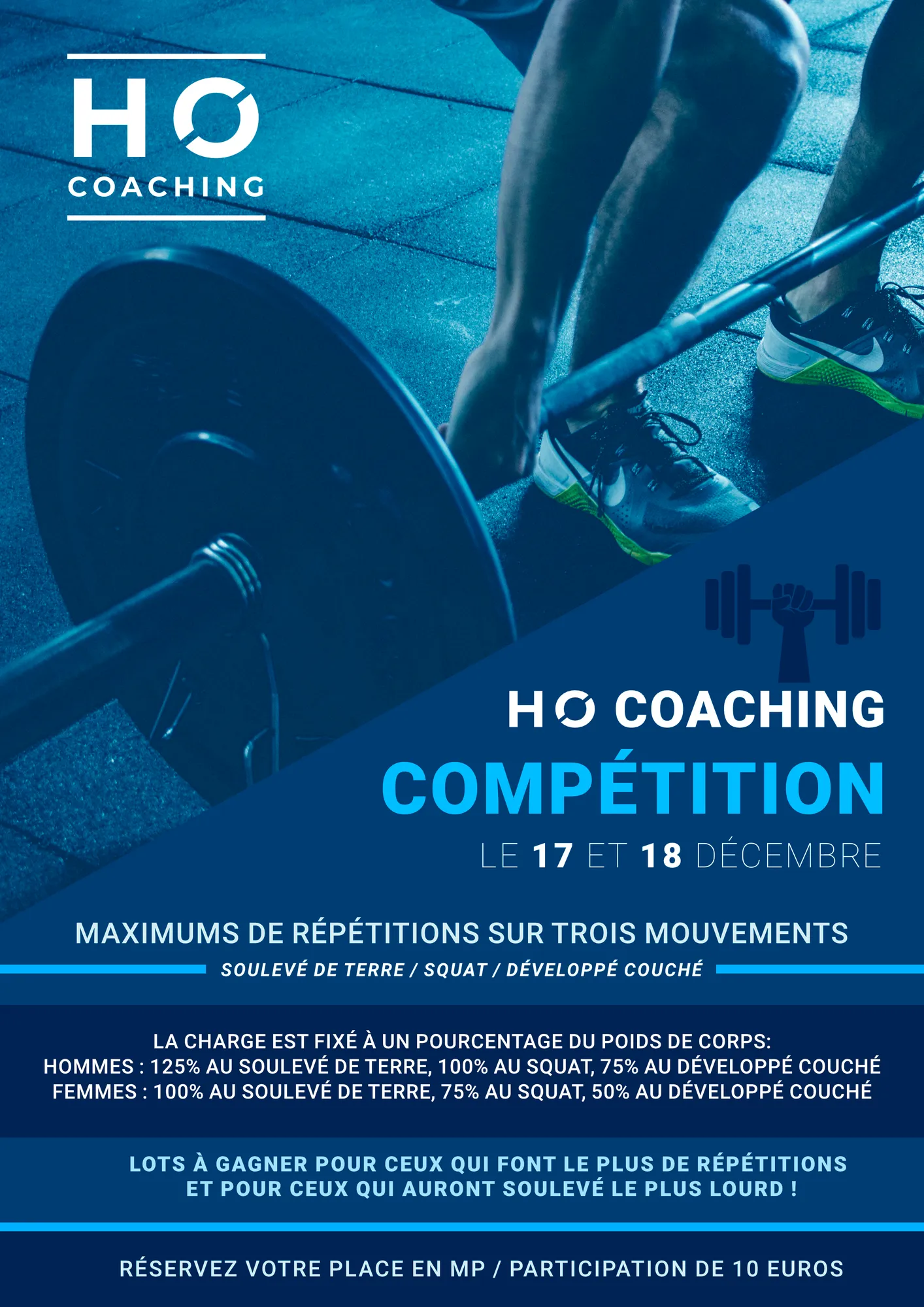 Affiche de compétition HO Coaching : soulevé de terre, squat, développé couché