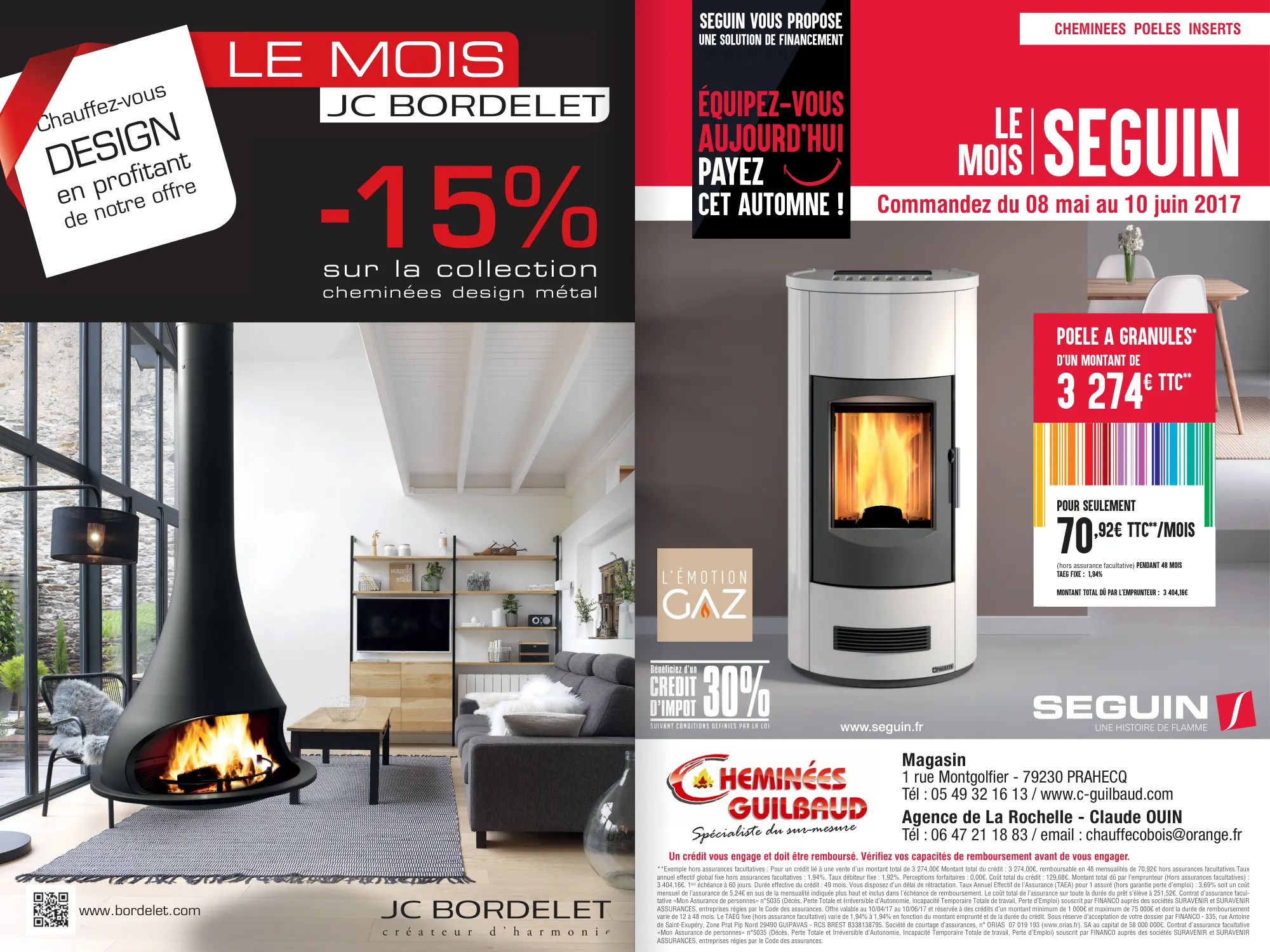 Double page de publicités : cheminées JC Bordelet et poêles Seguin