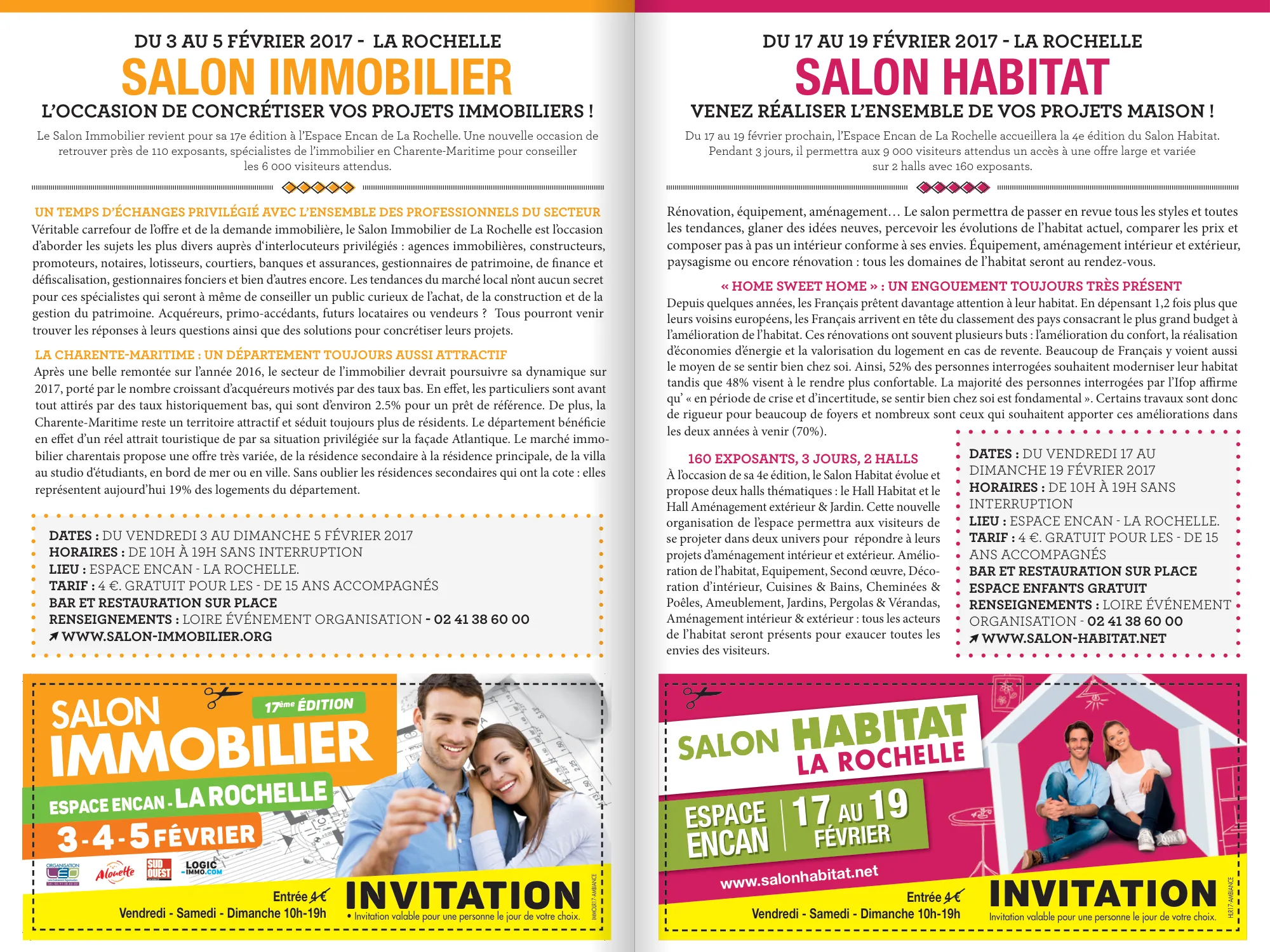 Double page Salon Immobilier et Salon Habitat de La Rochelle, avec les invitations à découper