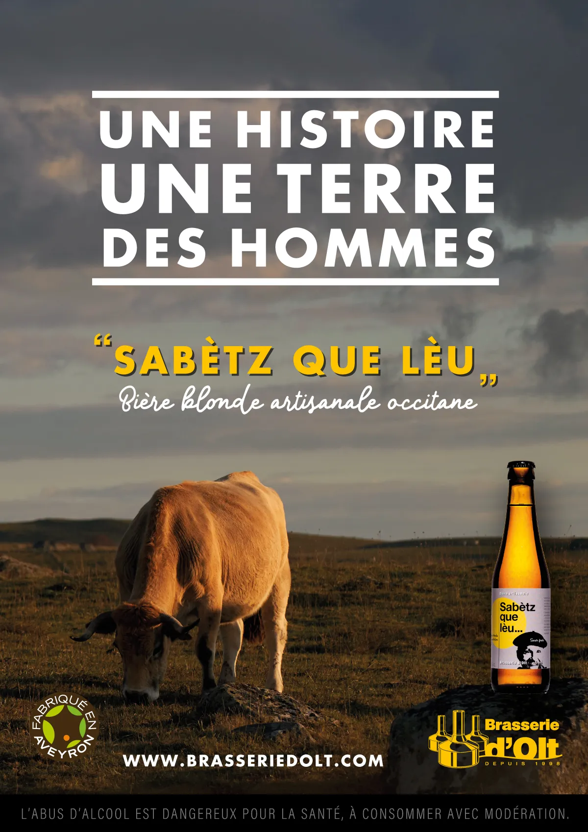 Affiche Sabètz que lèu : « Une histoire, une terre, des hommes », une vache au pâturage et la bouteille