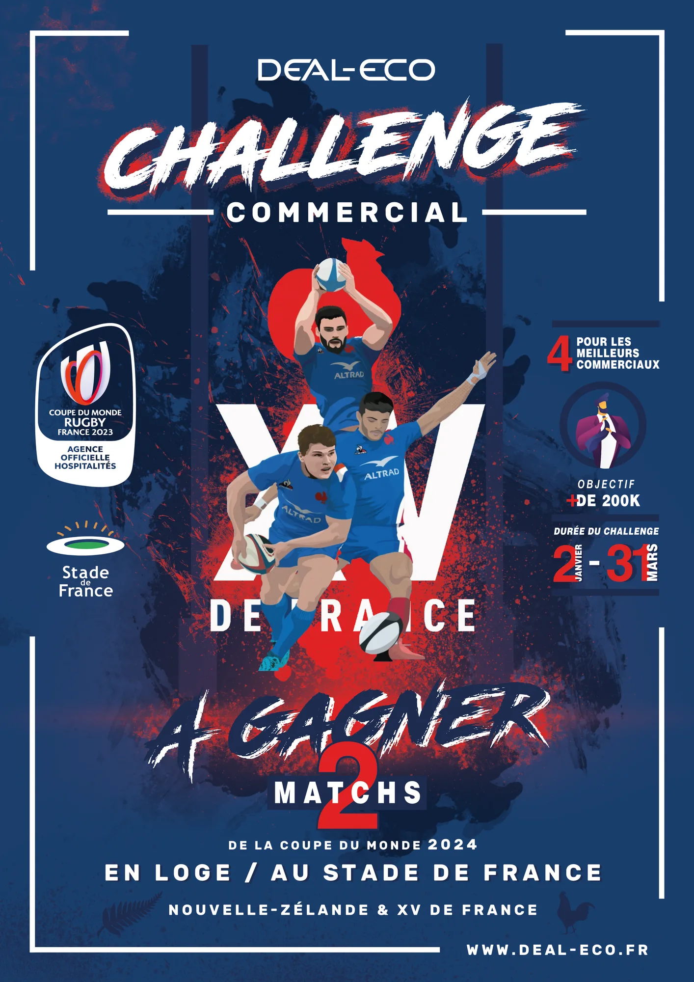 Affiche du challenge commercial Deal-Eco : joueurs du XV de France illustrés, deux matchs de la Coupe du monde de rugby à gagner