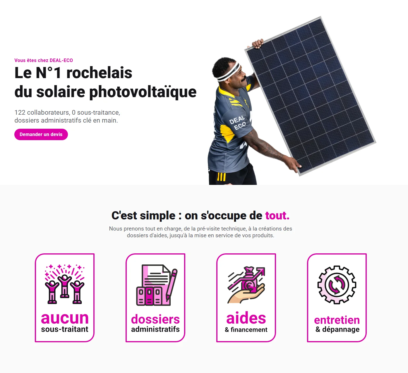 Montage Deal-Eco : un joueur de rugby porte un panneau solaire, « Le N°1 rochelais du solaire photovoltaïque », et quatre pictogrammes pour les engagements
