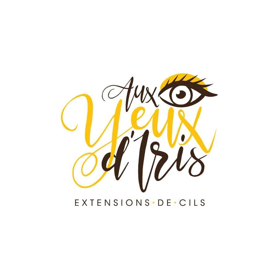 Logo Aux yeux d’Iris, extensions de cils : lettrage calligraphié et œil aux longs cils