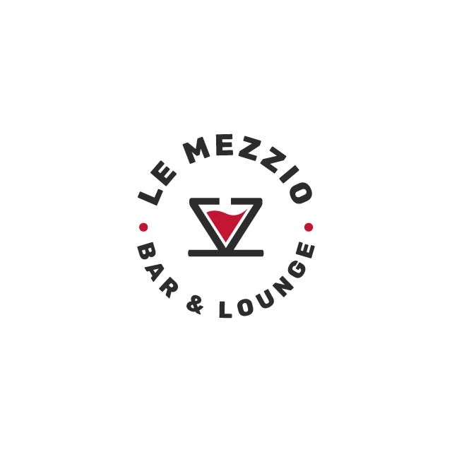 Logo Le Mezzio, bar et lounge : un verre en triangle, texte en cercle et points rouges