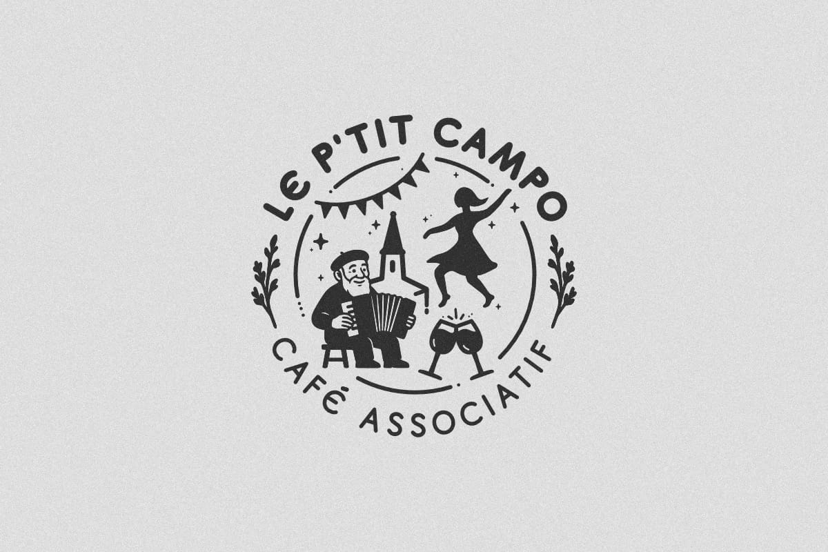 Logo du P’tit Campo, café associatif : un accordéoniste, une danseuse, l’église et deux verres qui trinquent