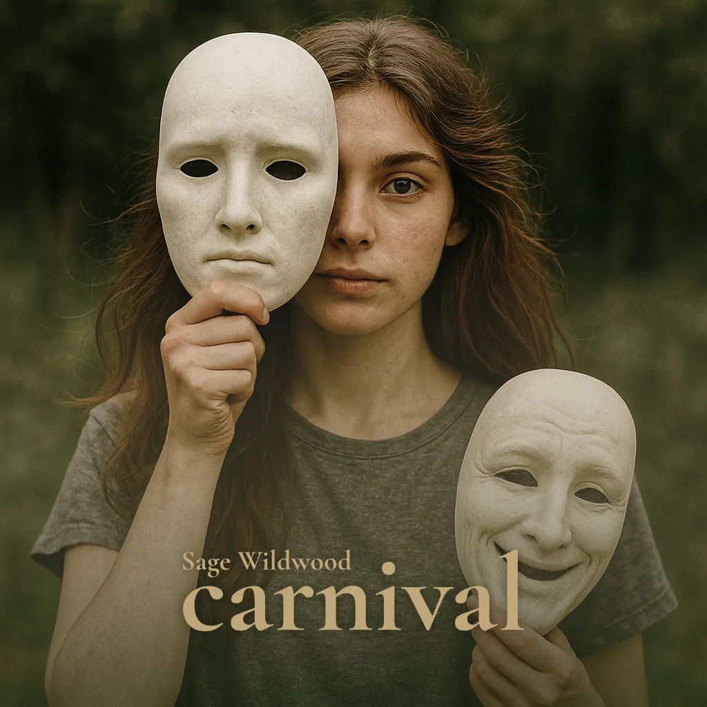 Pochette Carnival de Sage Wildwood : une jeune femme tient deux masques, l’un triste, l’autre souriant