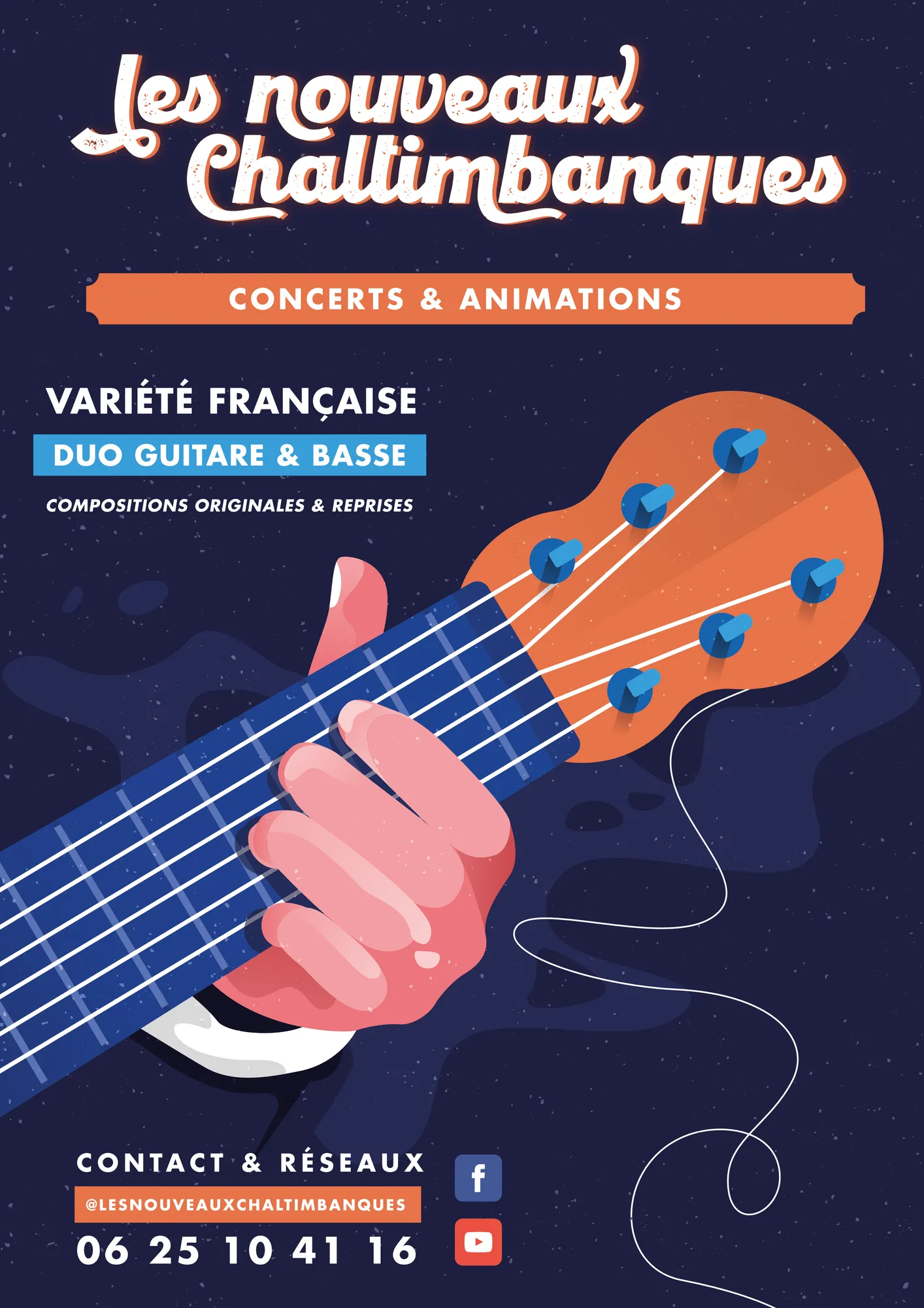 Affiche des Nouveaux Chaltimbanques : concerts et animations, duo guitare et basse
