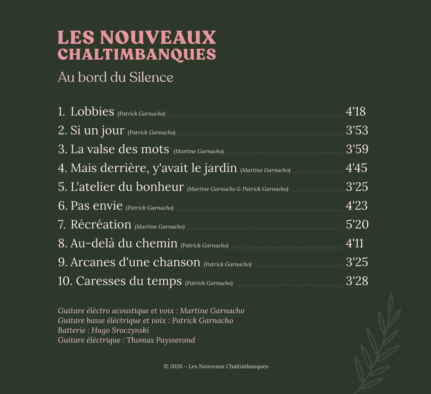 Pochette Au bord du silence : le verso et les dix titres