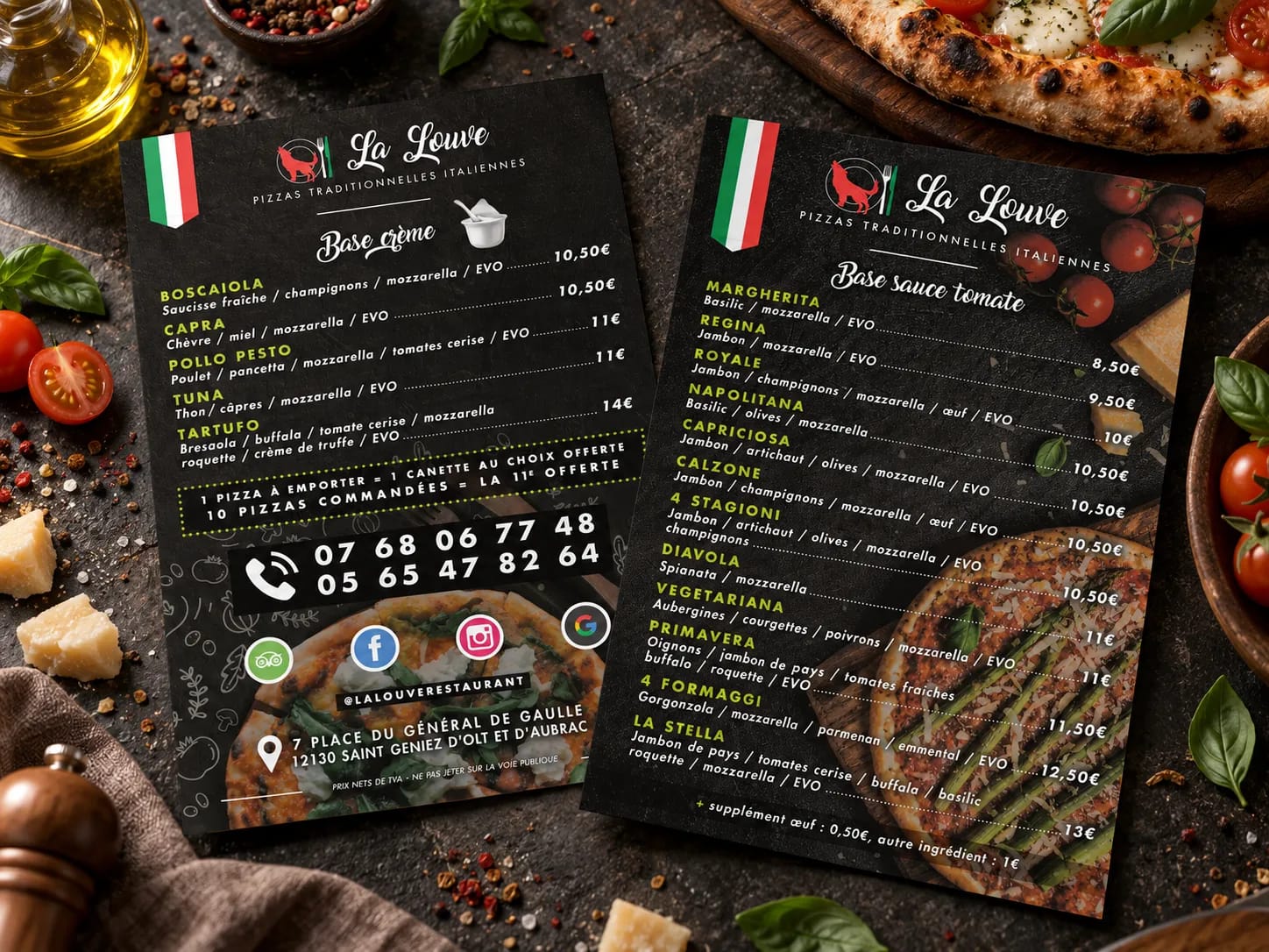 Carte recto verso de la pizzeria La Louve