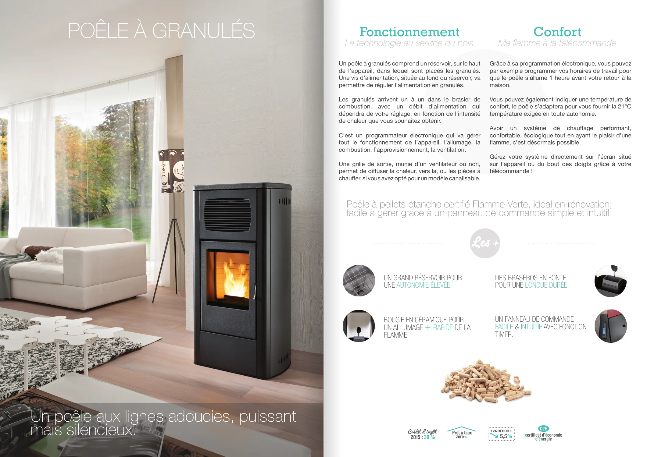 Catalogue 2015 : double page poêle à granulés, fonctionnement et confort