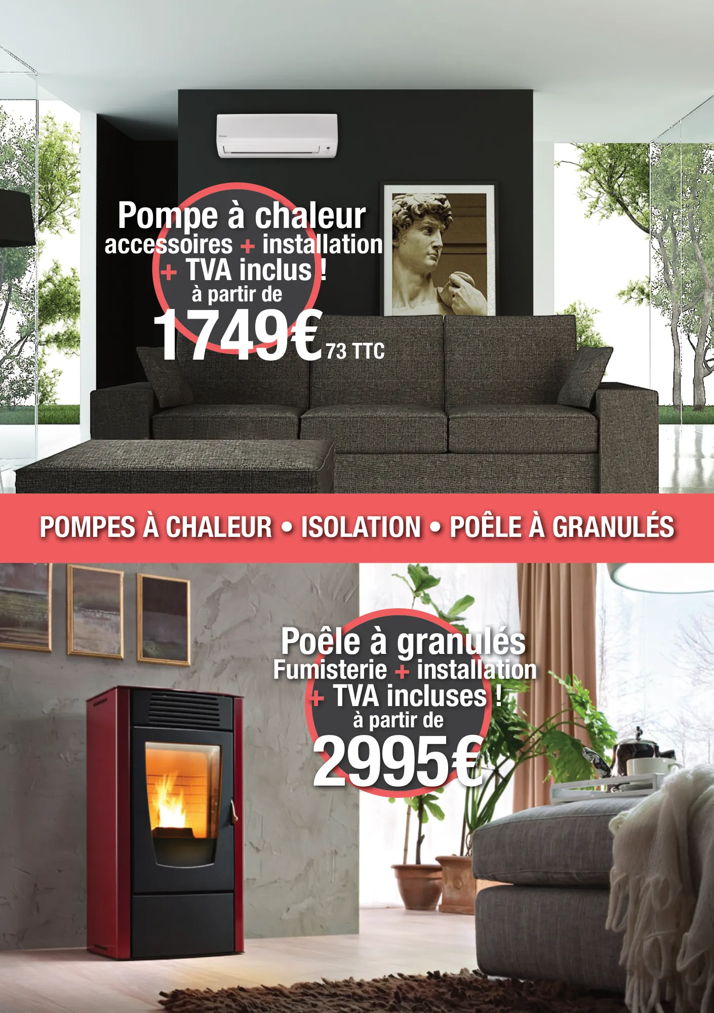 Flyer Therm&co : verso pompe à chaleur et poêle à granulés