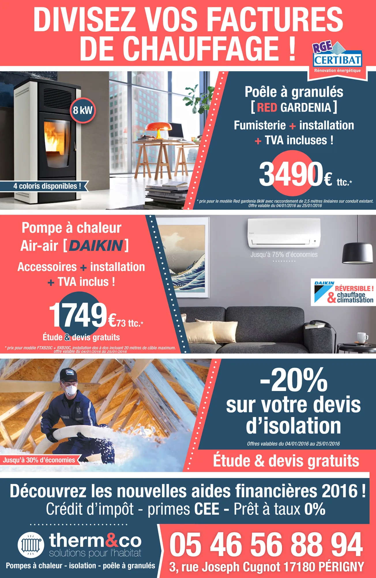 Publicité Therm&co pour la presse locale : chauffage, pompe à chaleur, isolation