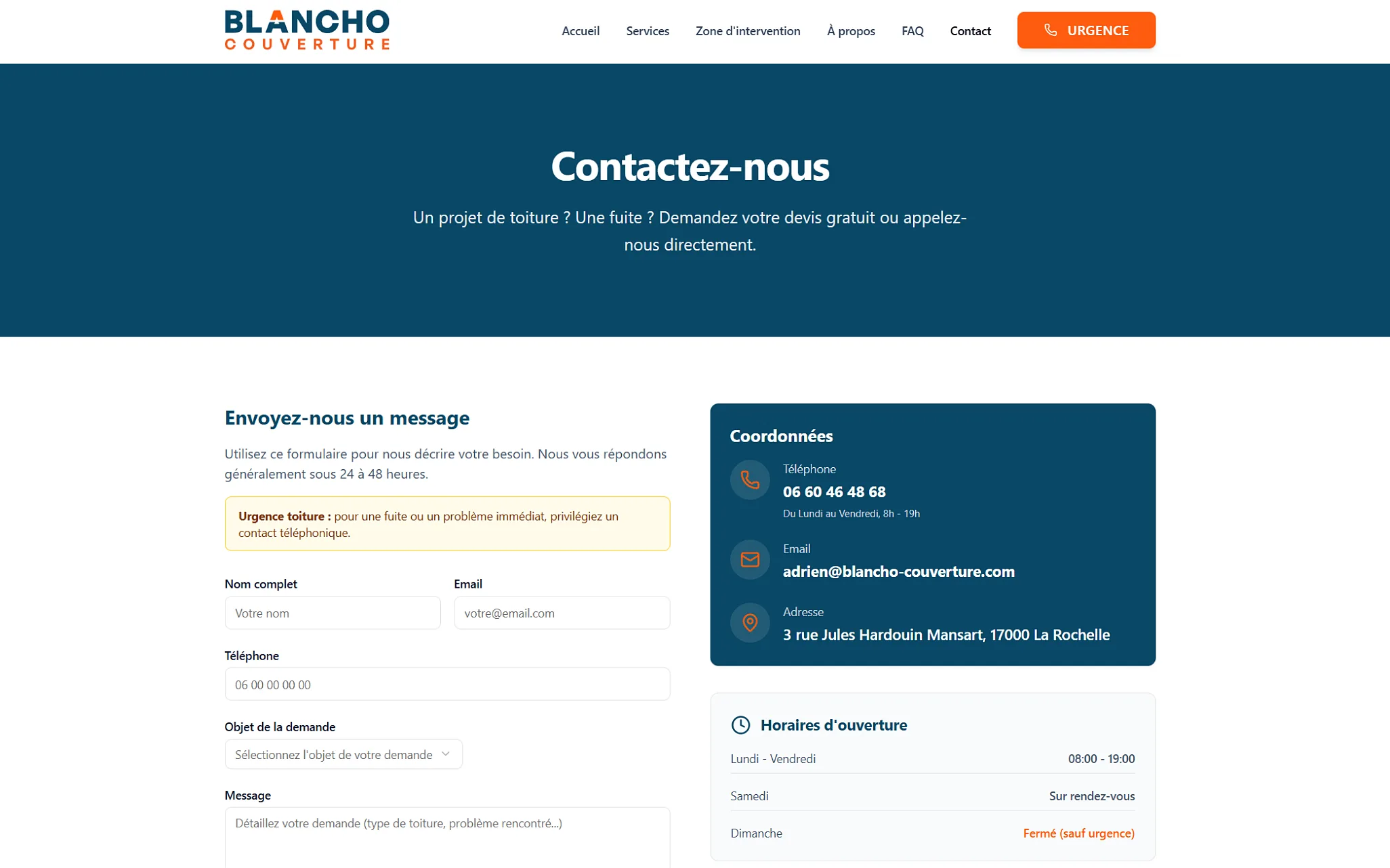 Page contact : formulaire, coordonnées, horaires et consigne en cas d’urgence