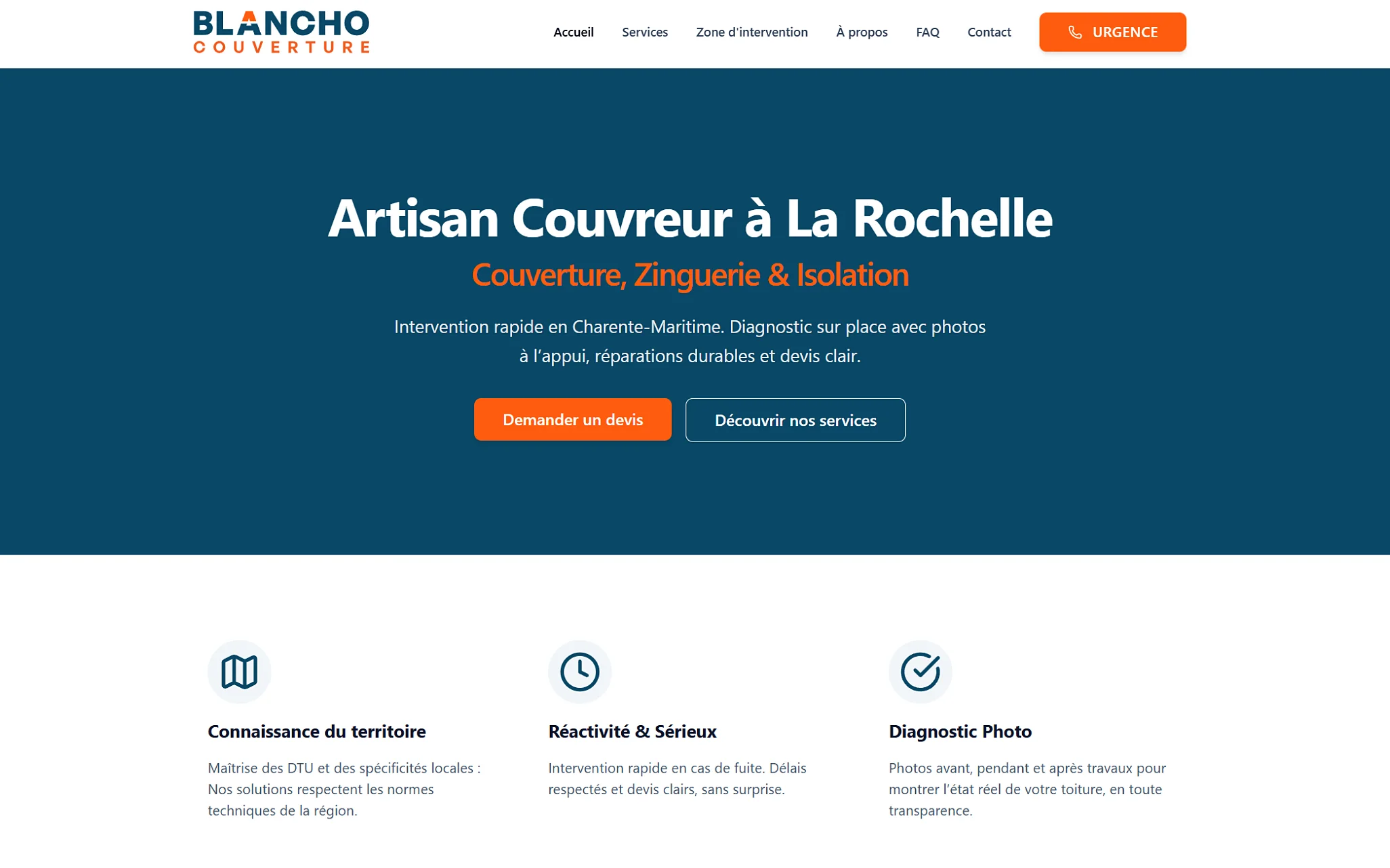Page d’accueil : artisan couvreur à La Rochelle, demande de devis et points forts