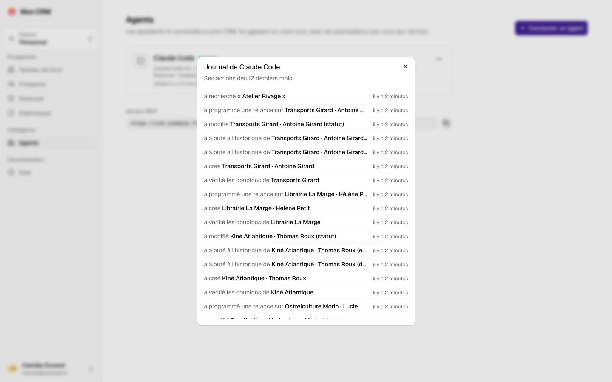 Journal de l’agent IA : recherches, créations, vérifications de doublons et relances