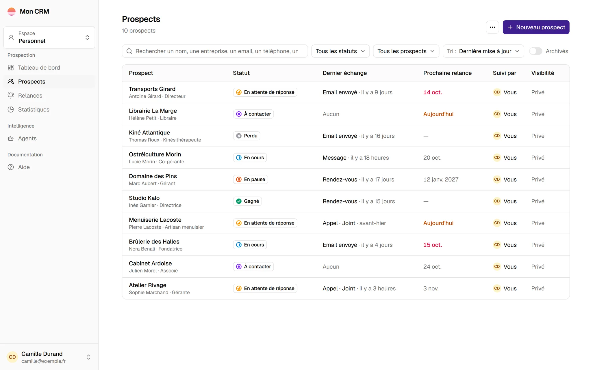 Liste des prospects : statut, dernier échange et prochaine relance