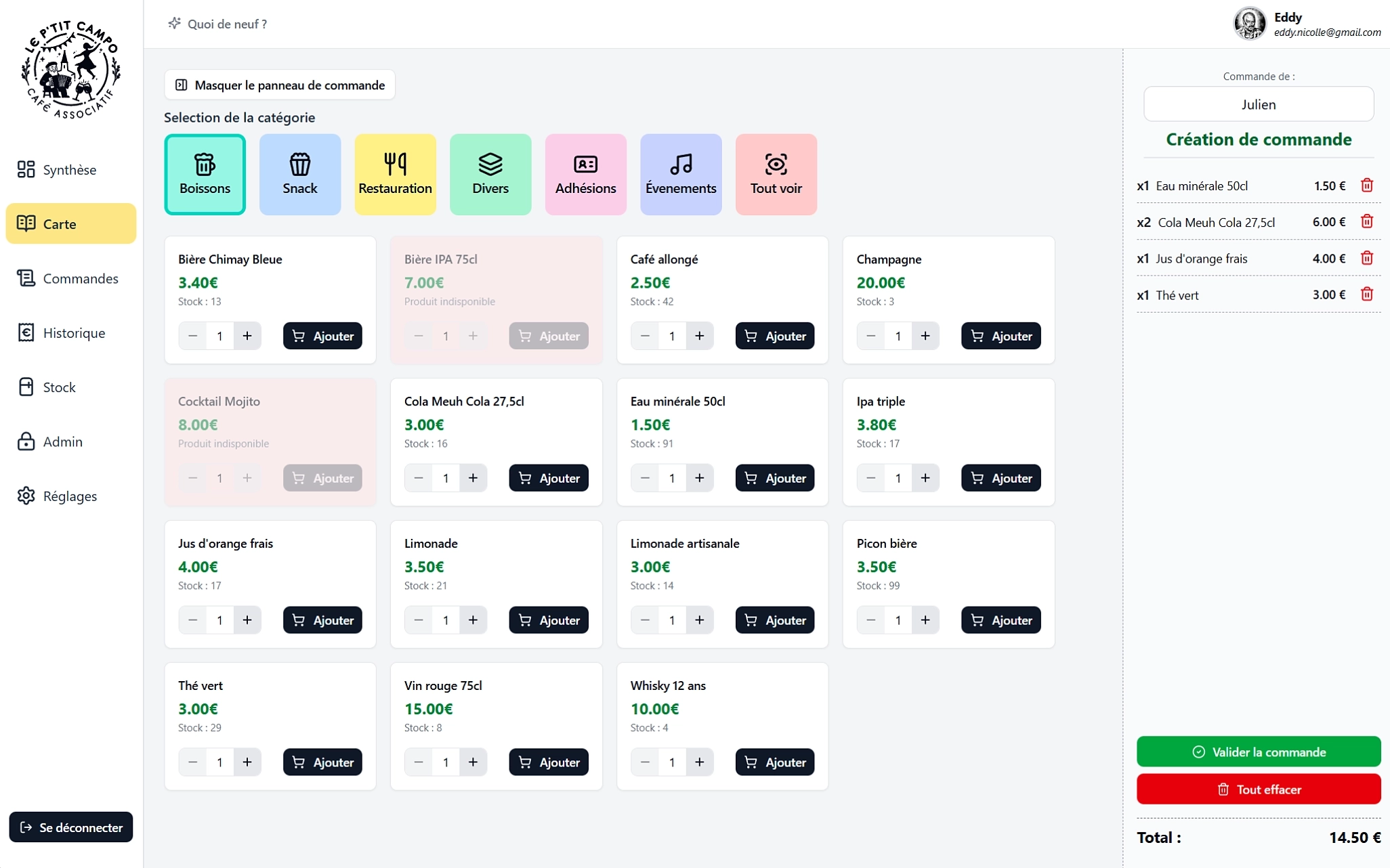 Produits & création de commande — ajout rapide
