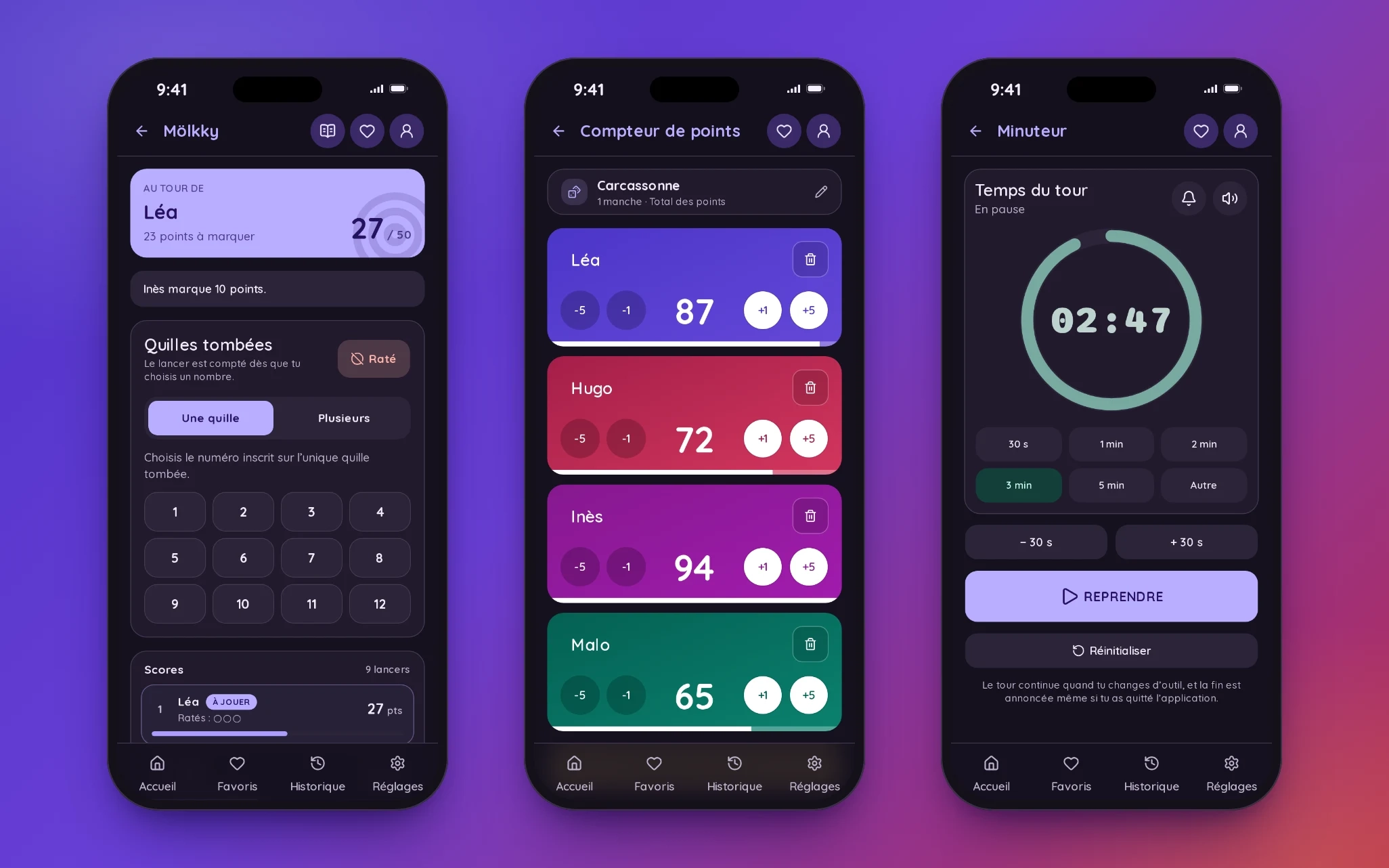 Thème sombre — Mölkky, compteur de points et minuteur