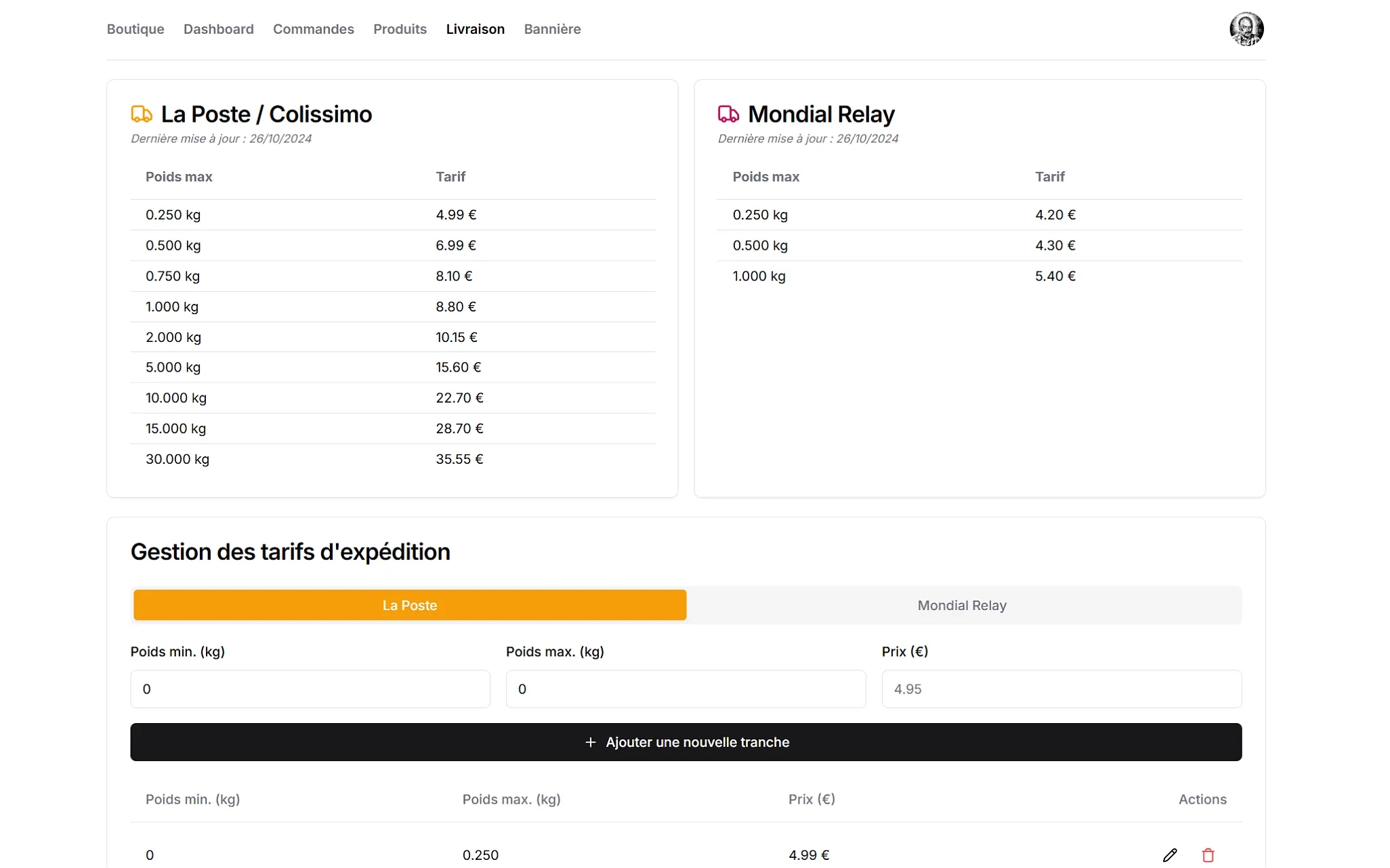 Capture UI - Gestion transporteurs