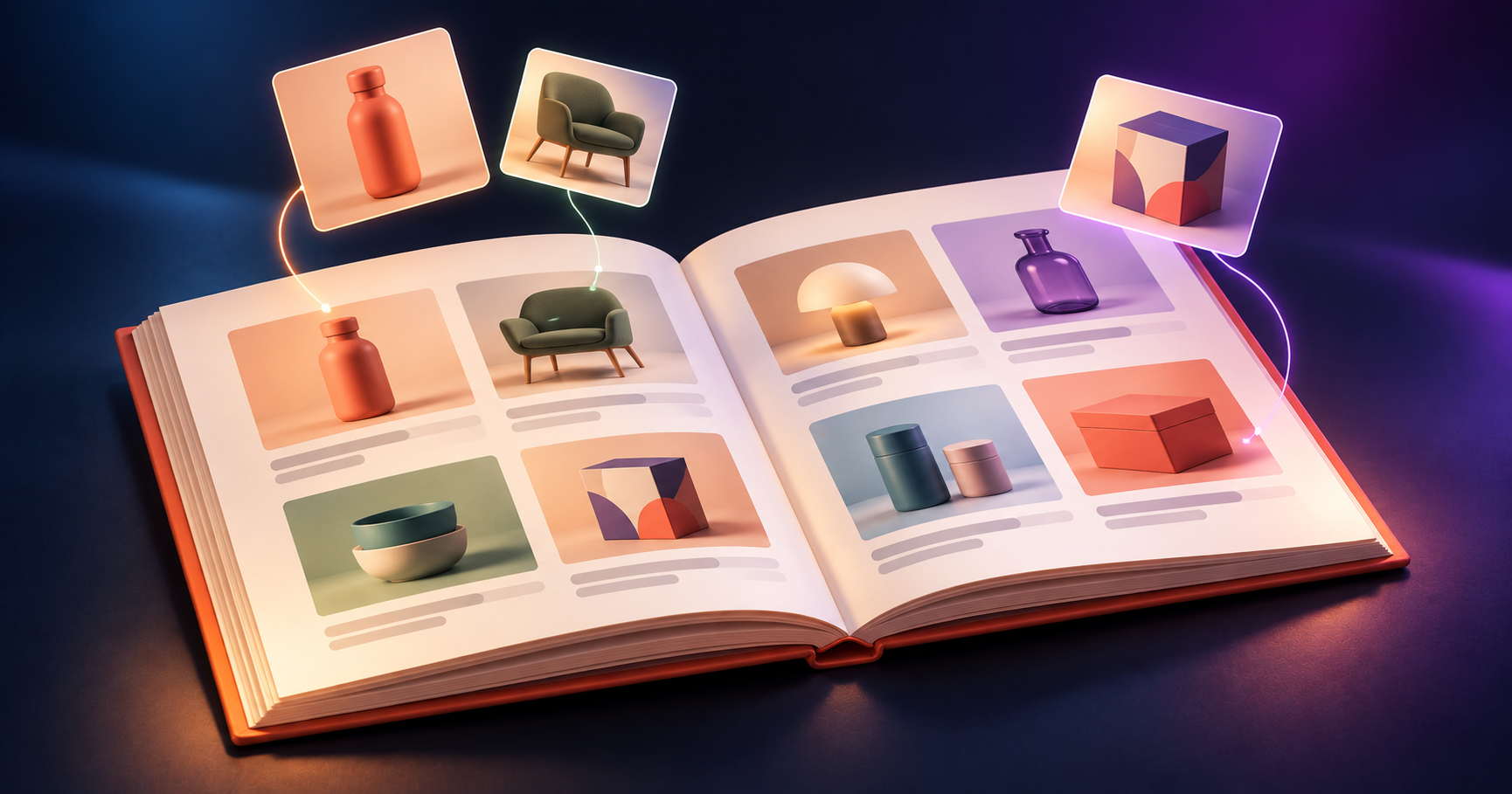 Un catalogue ouvert avec une grille de produits et des visuels réunis pour sa mise en page.