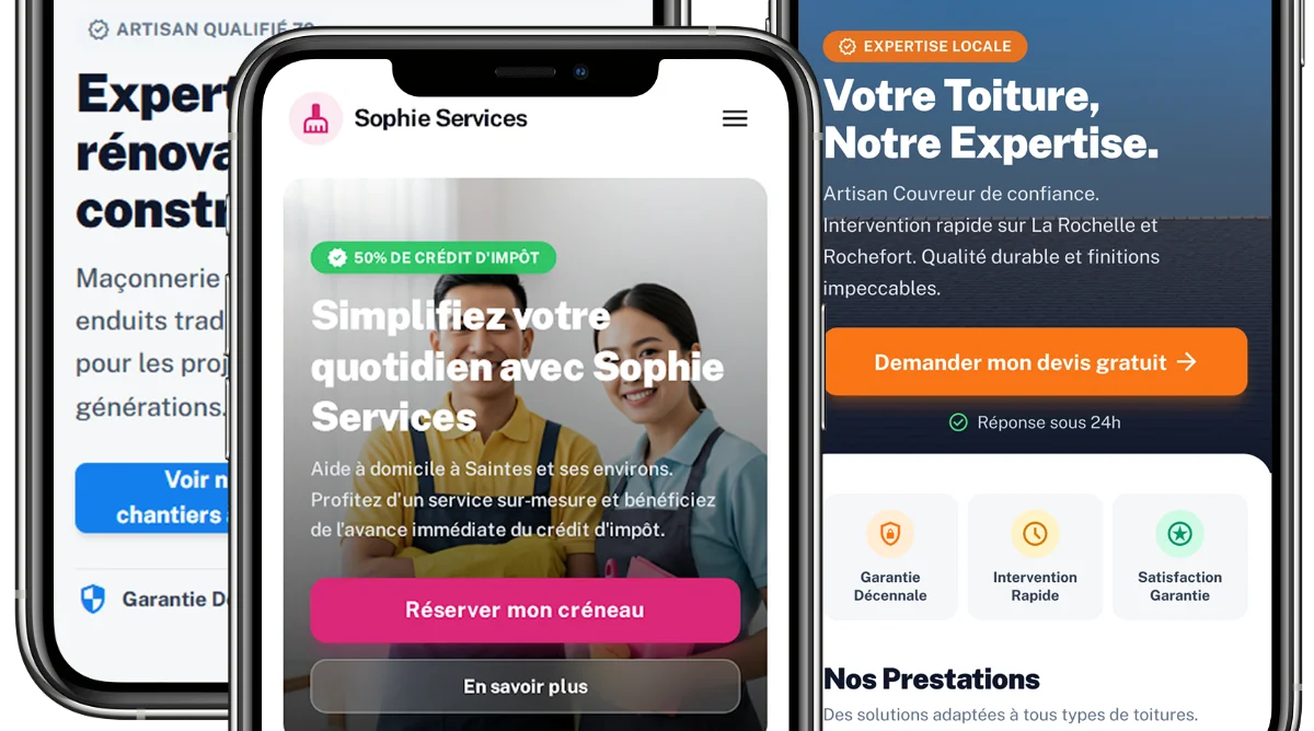 Trois aperçus mobiles de sites vitrines : CTA visibles, services clairs et éléments de réassurance.
